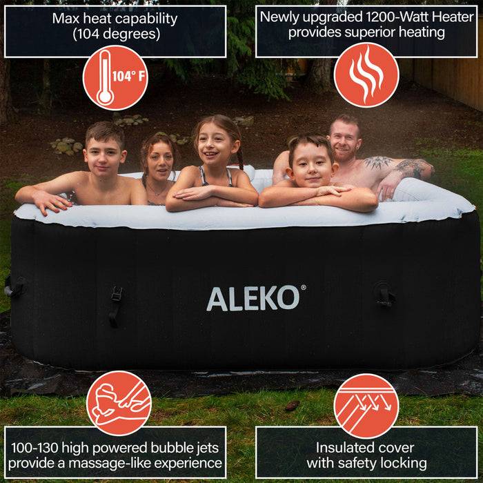 Square Inflatable Jetted Hot Tub with Cover - 6 Person - 265 Gallon - Black