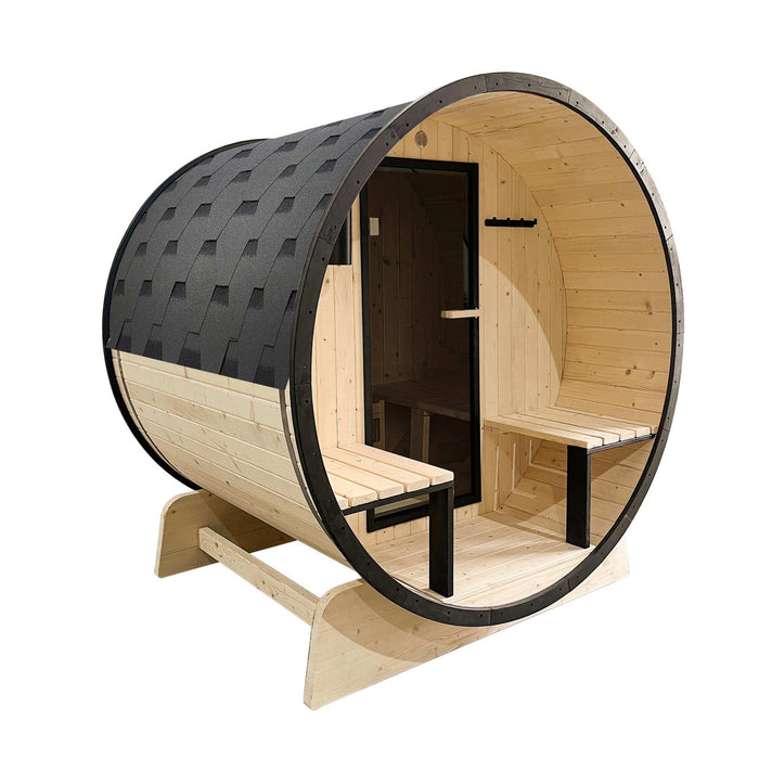 ALEKO Outdoor Traditional Barrel Sauna for 3-5 Person with Black Accents & Front Porch Canopy from White Finland Pine