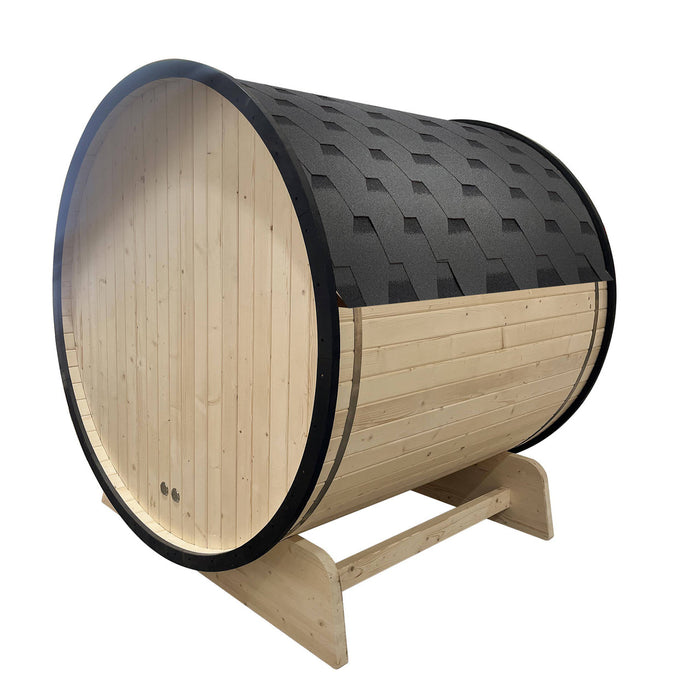 ALEKO Outdoor Traditional Barrel Sauna for 3-5 Person with Black Accents & Front Porch Canopy from White Finland Pine