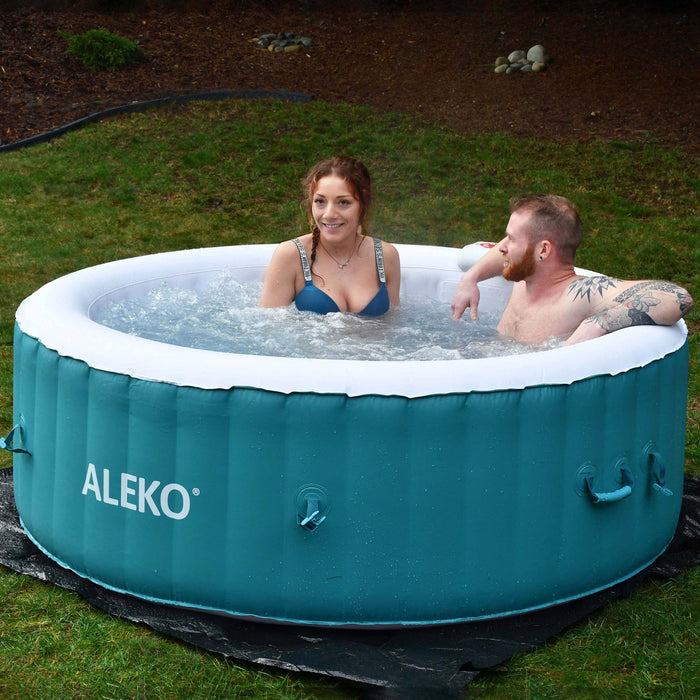 Round Inflatable Jetted Hot Tub with Cover - 4 Person - 210 Gallon - Light Blue and White