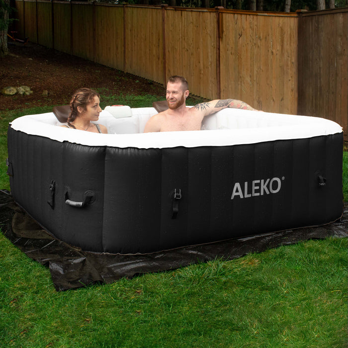 Square Inflatable Jetted Hot Tub with Cover - 6 Person - 250 Gallon - Black and White