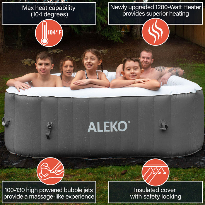 Square Inflatable Jetted Hot Tub with Cover - 6 Person - 265 Gallon - Gray