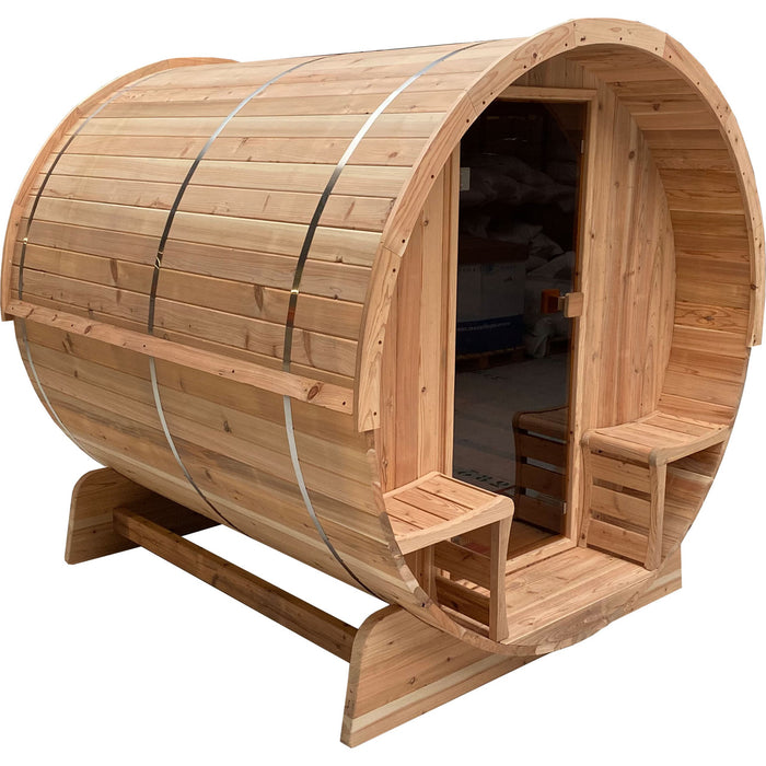 ALEKO Outdoor Barrel Steam Sauna for 3-4 Person with Front Porch Canopy from Rustic Cedar UL