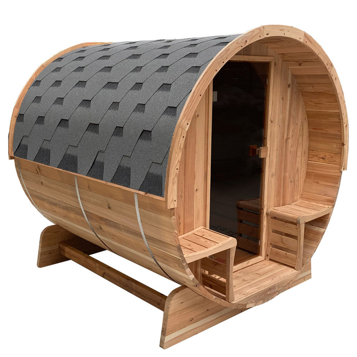 ALEKO Outdoor Barrel Steam Sauna for 3-4 Person with Front Porch Canopy from Rustic Cedar UL