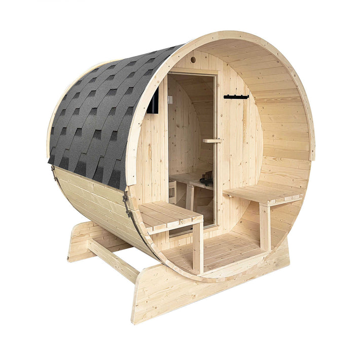 ALEKO Outdoor or Indoor Wet Dry Barrel Sauna for 3-5 Person with Front Porch Canopy from White Finland Pine 4.5 kW UL
