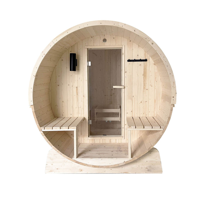 ALEKO Outdoor or Indoor Wet Dry Barrel Sauna for 3-5 Person with Front Porch Canopy from White Finland Pine 4.5 kW UL
