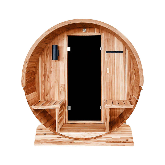 ALEKO Outdoor Barrel Steam Sauna for 5-6 Person with Front Porch Canopy from Rustic Cedar UL Certified