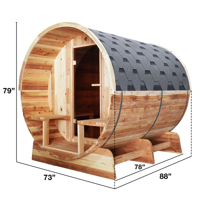 ALEKO Large Outdoor Indoor Barrel Sauna for 6-8 Person Front Porch Canopy with Panoramic View from Red Cedar 8 kW UL