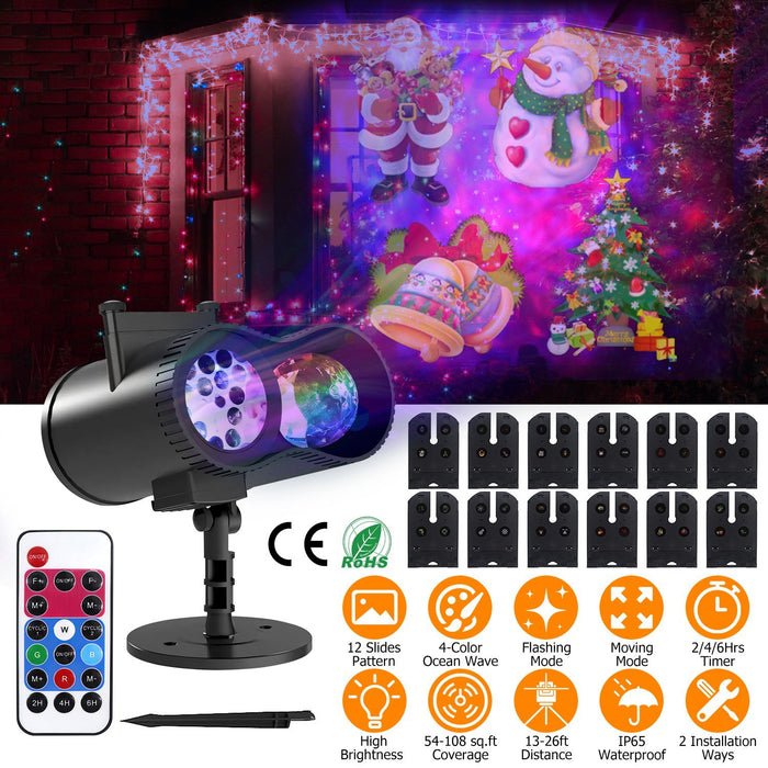 12 Patterns Waterproof LED Projector Light – 180° Adjustable Ocean Wave Effect, Remote Control Timer for Indoor/Outdoor, Christmas & Halloween Decoration 2024